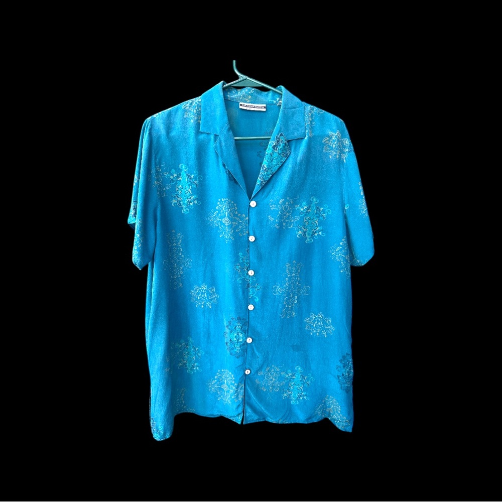 Vintage 100% Silk Teal Blue Button-Up Blouse Printed Motifs Luxury Fashion Top